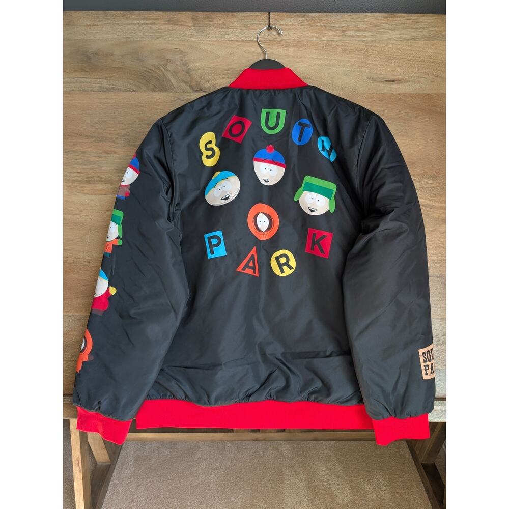 South Park Varsity Bomber Jacket Mens Small Black Graphic Print Lightweight NWT - Picture 2 of 4